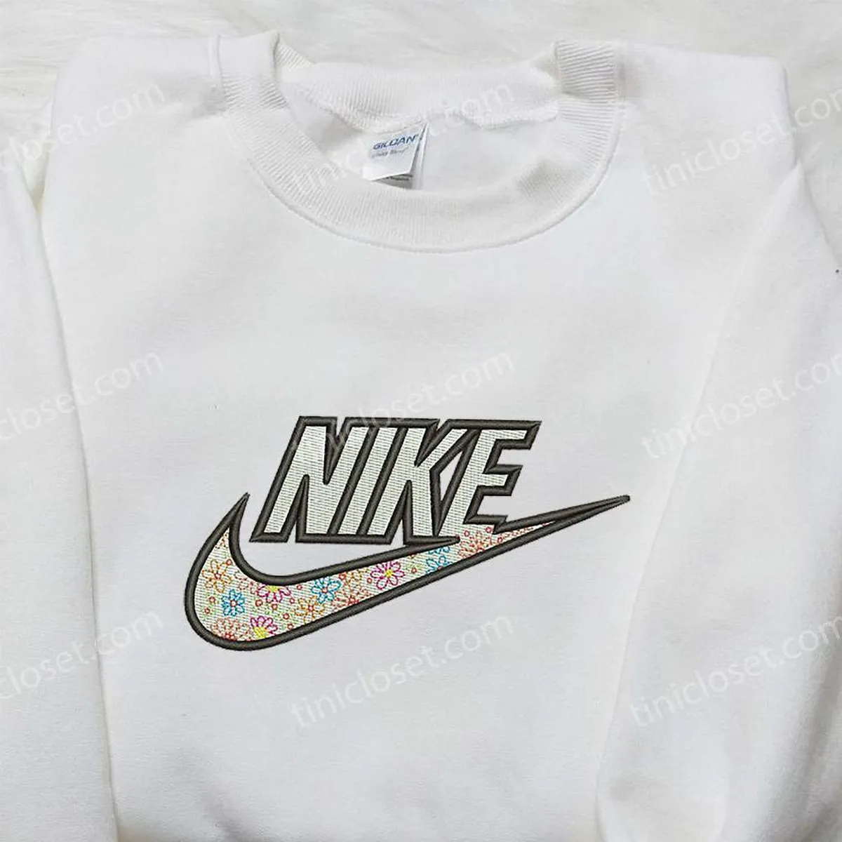 Flowers x Nike Embroidered Shirt, Gift For Wife Embroidered Shirt, Custom Nike Embroidered Shirt