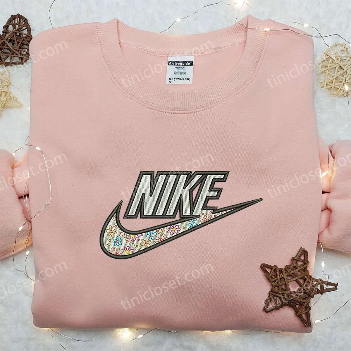 Flowers x Nike Embroidered Shirt, Gift For Wife Embroidered Shirt, Custom Nike Embroidered Shirt