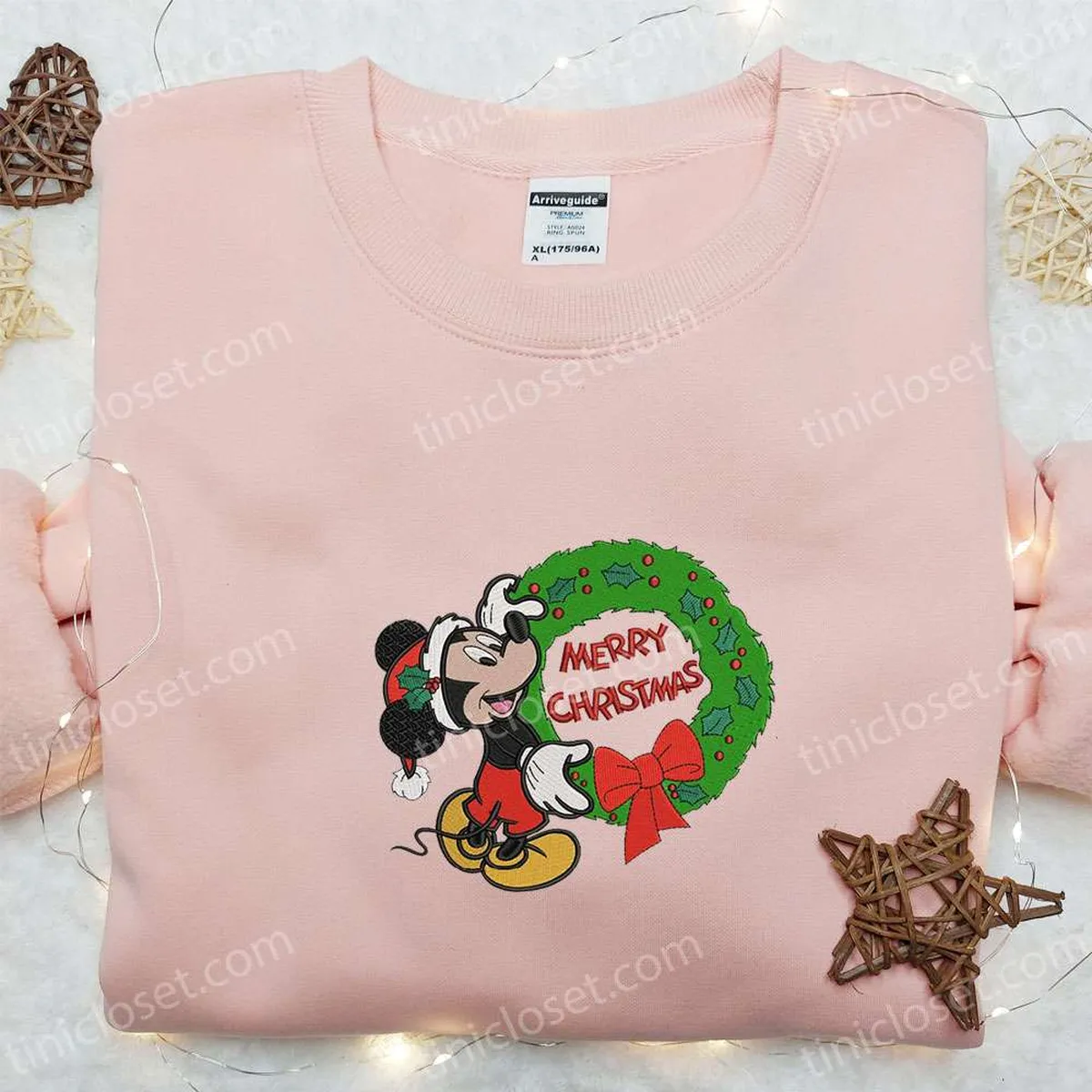 Mickey Merry Christmas Laurel Wreath Embroidered Shirt, Disney Characters Embroidered Hoodie, Christmas Embroidered Sweatshirt