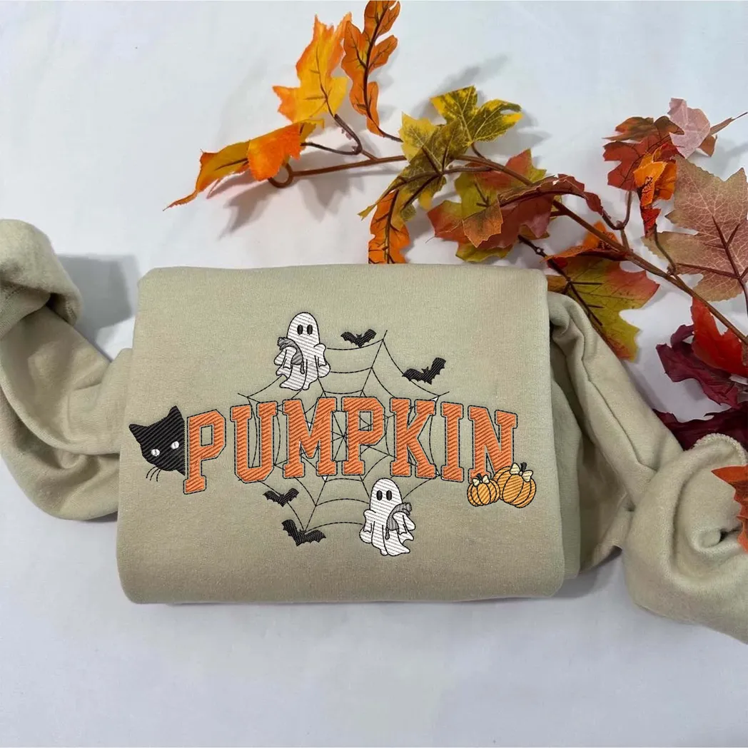 Pumpkin Ghost Spiderweb AndEmbroidered Sweatshirt Fashion Style
