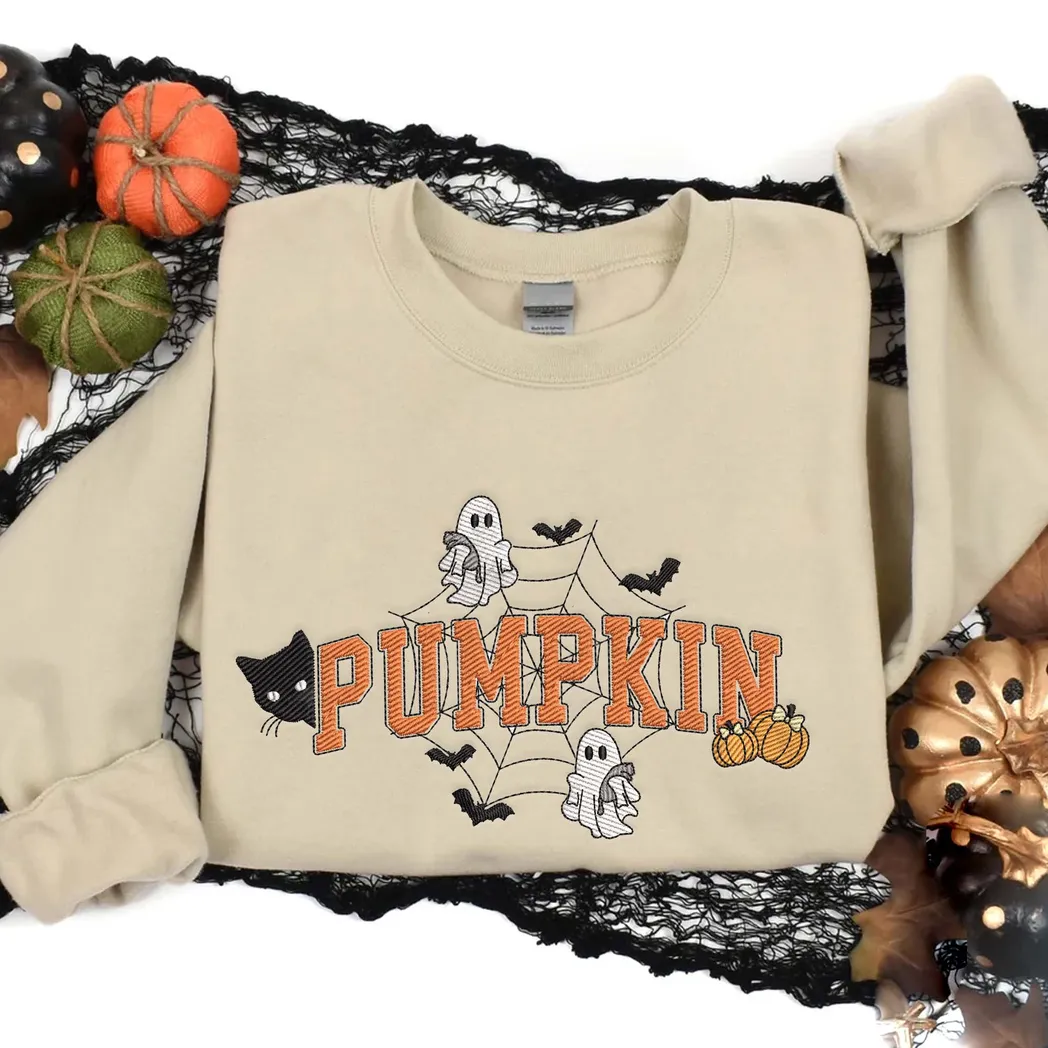 Pumpkin Ghost Spiderweb AndEmbroidered Sweatshirt Fashion Style