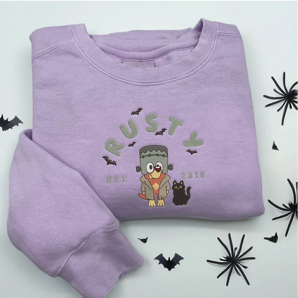 Rusty Bluey Cartoon Halloween Embroidered Sweatshirt Fashion Style