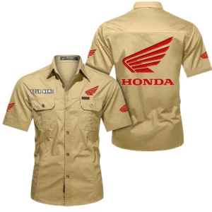 Honda Motorcycle Short Sleeved Shirt, All Over Print Button Shirt CAR444052625778 - Khaki