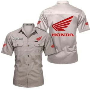 Honda Motorcycle Short Sleeved Shirt, All Over Print Button Shirt CAR444052625778 - Beige