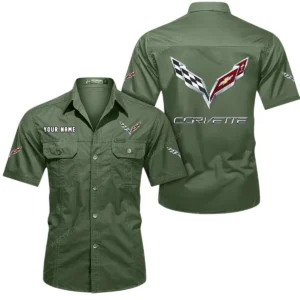 Corvette C7 Short Sleeved Shirt, All Over Print Button Shirt CAR444052625779 - Army Green