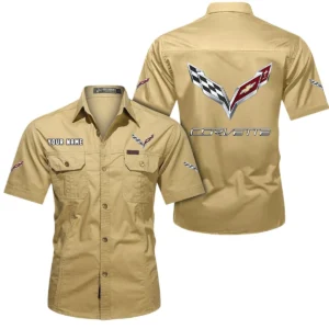 Corvette C7 Short Sleeved Shirt, All Over Print Button Shirt CAR444052625779 - Khaki