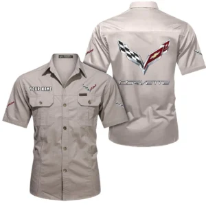 Corvette C7 Short Sleeved Shirt, All Over Print Button Shirt CAR444052625779 - Beige