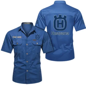 Husqvarna Motorcycles Short Sleeved Shirt, All Over Print Button Shirt CAR444052625797 - Cowboy Blue