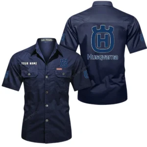 Husqvarna Motorcycles Short Sleeved Shirt, All Over Print Button Shirt CAR444052625797 - Dark Blue
