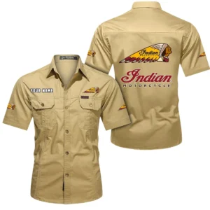 Indian Motorcycle Short Sleeved Shirt, All Over Print Button Shirt CAR444052625806 - Khaki