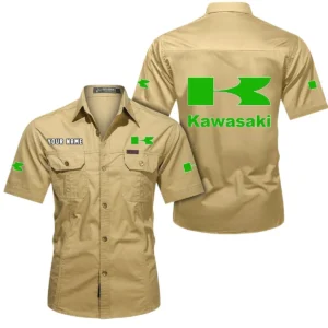 Kawasaki Short Sleeved Shirt, All Over Print Button Shirt CAR444052625812 - Khaki