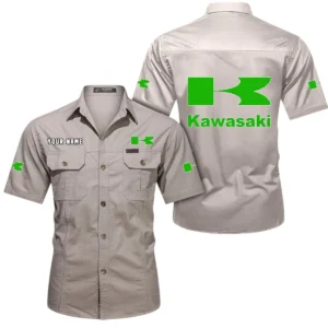 Kawasaki Short Sleeved Shirt, All Over Print Button Shirt CAR444052625812 - Beige