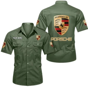 Porsche Short Sleeved Shirt, All Over Print Button Shirt CAR444052625813 - Army Green