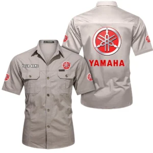 Yamaha Short Sleeved Shirt, All Over Print Button Shirt CAR444052625814 - Beige