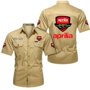 Aprilia Short Sleeved Shirt, All Over Print Button Shirt CAR444052625817 - Khaki