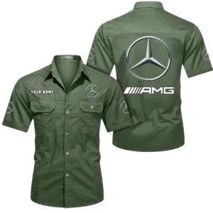 Mercedes AMG Short Sleeved Shirt, All Over Print Button Shirt CAR444052625818 - Army Green