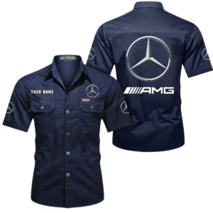 Mercedes AMG Short Sleeved Shirt, All Over Print Button Shirt CAR444052625818 - Dark Blue