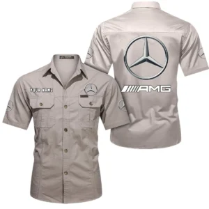 Mercedes AMG Short Sleeved Shirt, All Over Print Button Shirt CAR444052625818 - Beige