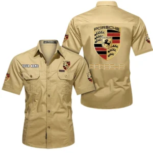 Porsche Short Sleeved Shirt, All Over Print Button Shirt CAR444052625823 - Khaki