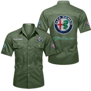 Alfa Romeo Short Sleeved Shirt, All Over Print Button Shirt CAR444052625827 - Army Green