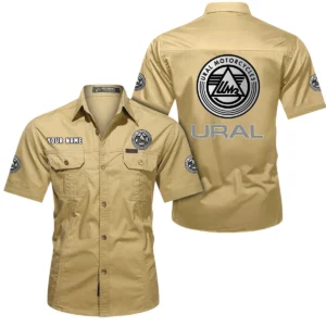 Ural Motorcycles Short Sleeved Shirt, All Over Print Button Shirt CAR444052625837 - Khaki