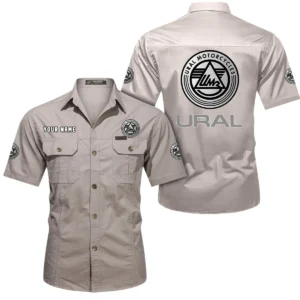 Ural Motorcycles Short Sleeved Shirt, All Over Print Button Shirt CAR444052625837 - Beige