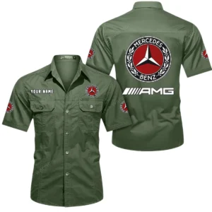 Mercedes AMG Short Sleeved Shirt, All Over Print Button Shirt CAR444052625841 - Army Green