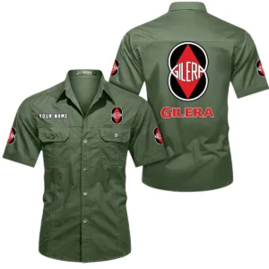 Gilera Motorcycles Short Sleeved Shirt, All Over Print Button Shirt CAR444052625844 - Army Green
