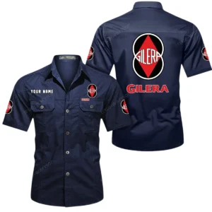 Gilera Motorcycles Short Sleeved Shirt, All Over Print Button Shirt CAR444052625844 - Dark Blue