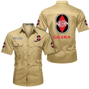 Gilera Motorcycles Short Sleeved Shirt, All Over Print Button Shirt CAR444052625844 - Khaki