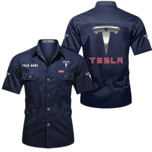 Tesla Short Sleeved Shirt, All Over Print Button Shirt CAR444052625845 - Dark Blue