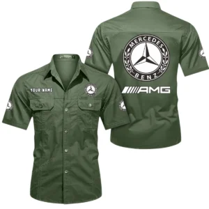 Mercedes AMG Short Sleeved Shirt, All Over Print Button Shirt CAR444052625874 - Army Green