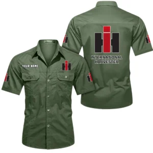 International Harvester Short Sleeved Shirt, All Over Print Button Shirt CAR444052625893 - Army Green