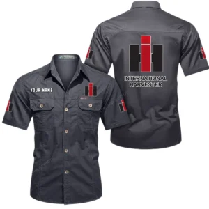 International Harvester Short Sleeved Shirt, All Over Print Button Shirt CAR444052625893 - Gray