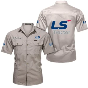 LS Tractor Short Sleeved Shirt, All Over Print Button Shirt CAR444052625898 - Beige
