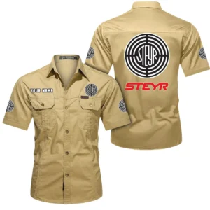 Steyr Short Sleeved Shirt, All Over Print Button Shirt CAR444052625899 - Khaki