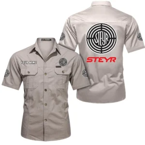 Steyr Short Sleeved Shirt, All Over Print Button Shirt CAR444052625899 - Beige