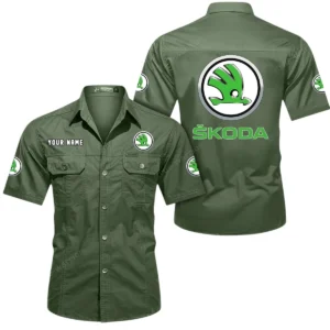 Skoda Auto Short Sleeved Shirt, All Over Print Button Shirt CAR444052625901 - Army Green