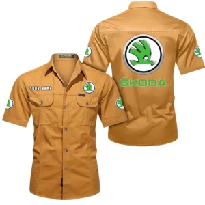 Skoda Auto Short Sleeved Shirt, All Over Print Button Shirt CAR444052625901 - Turmeric