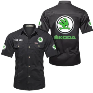 Skoda Auto Short Sleeved Shirt, All Over Print Button Shirt CAR444052625901 - Black