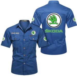 Skoda Auto Short Sleeved Shirt, All Over Print Button Shirt CAR444052625901 - Cowboy Blue