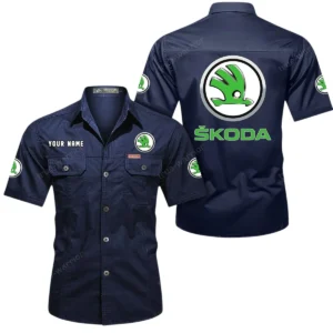 Skoda Auto Short Sleeved Shirt, All Over Print Button Shirt CAR444052625901 - Dark Blue