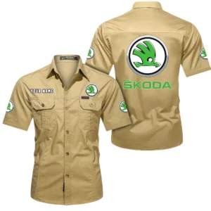 Skoda Auto Short Sleeved Shirt, All Over Print Button Shirt CAR444052625901 - Khaki