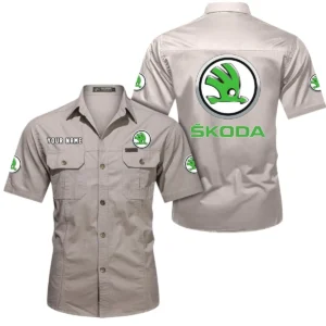 Skoda Auto Short Sleeved Shirt, All Over Print Button Shirt CAR444052625901 - Beige