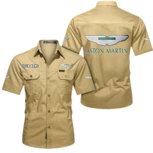 Aston Martin Short Sleeved Shirt, All Over Print Button Shirt CAR444052625906 - Khaki
