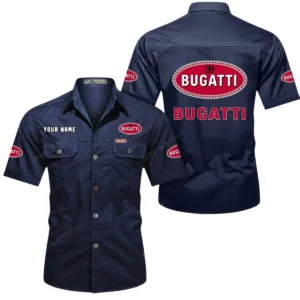Bugatti Short Sleeved Shirt, All Over Print Button Shirt CAR444052625919 - Dark Blue