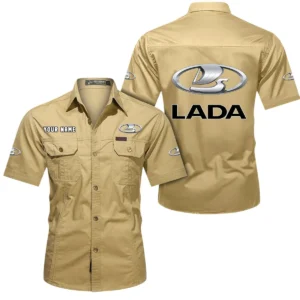 Lada Short Sleeved Shirt, All Over Print Button Shirt CAR444052625949 - Khaki