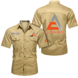 Allis Chalmers Short Sleeved Shirt, All Over Print Button Shirt CAR444052625957 - Khaki