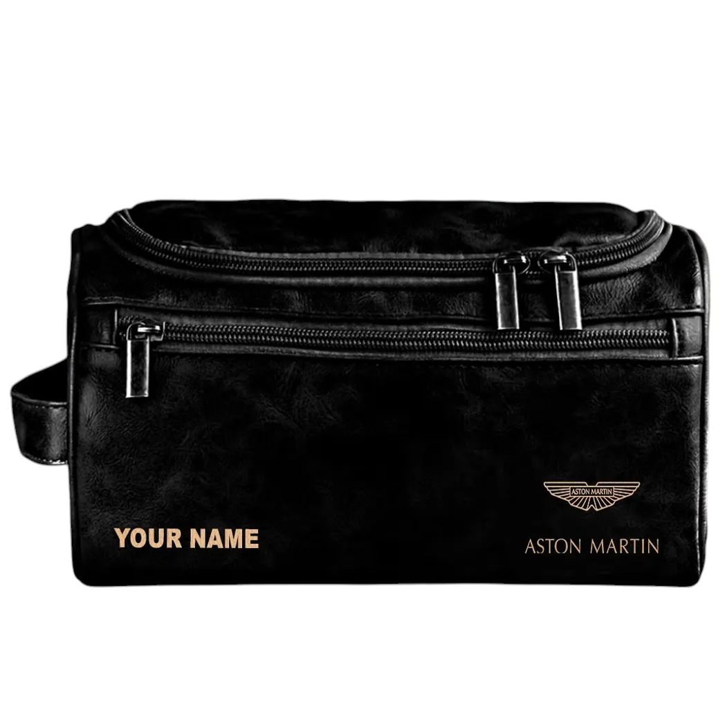 Aston Martin Leather Toiletry Bag, All Over Print Leather Toiletry Bag - Black CAR44005072531