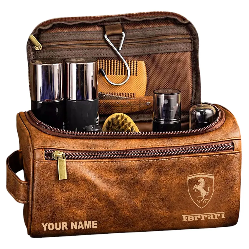 Ferrari Leather Toiletry Bag, All Over Print Leather Toiletry Bag - Yellow Brown CAR44005072513